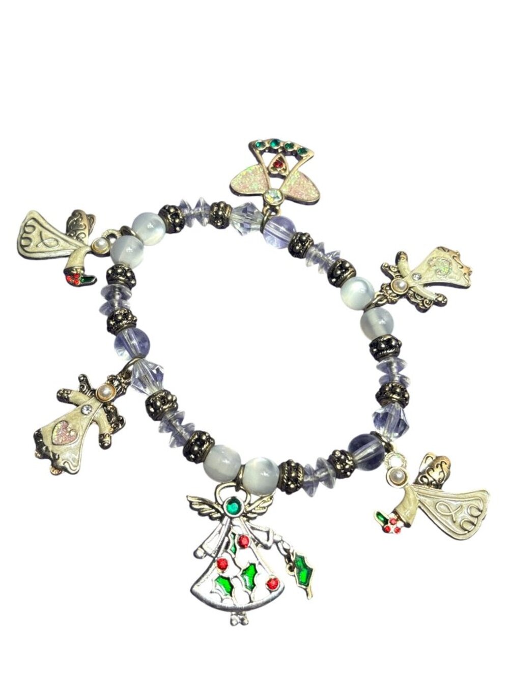 Slightly Stretchy Silvertone Glitter Enameled Angel Charm Bracelet 7 inches